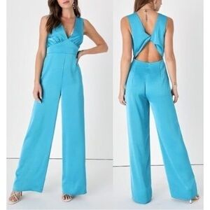 Lulu's Remarkable Style Blue Satin Twist-Back Cutout Wide-Leg Jumpsuit